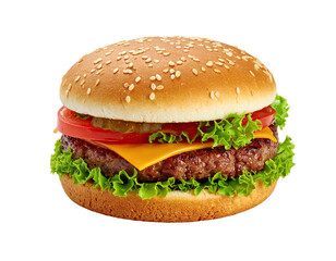 Close-up of a classic cheeseburger on a sesame seed bun, with lettuce, tomato, and cheese