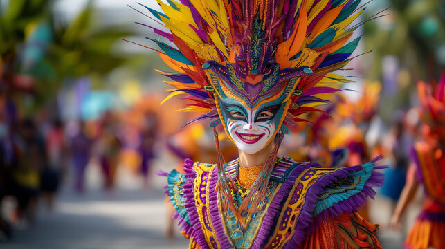 MassKara Festival performer with colorful feather headdress and painted smiling mask Bacolod Philippines parade