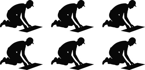 silhouette worker kneeling installing floor tiles symbolizing construction labor, home renovation, interior finishing, craftsmanship, ceramic tile laying, flooring installation, remodeling