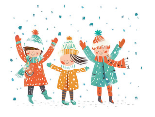 Happy children play snow watercolor illustration isolated on white. AI generated