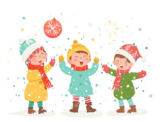 Happy children play snow watercolor illustration isolated on white. AI generated