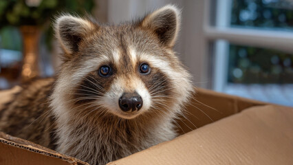 Raccoon peeking from a cardboard box in a cozy indoor setting filled with natural light