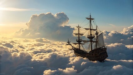 Obraz premium Surreal Wide Shot of Pirate Ship Sailing Across White Clouds in Blue Sky Fantasy Concept