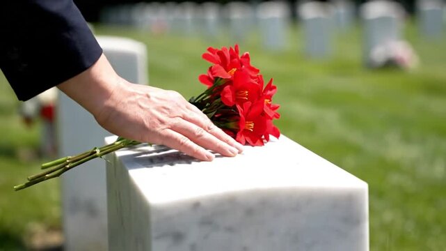 soldiers memorial day hand places red flowers on military grave stone