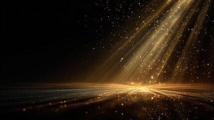 Fototapeta premium Golden light streams down onto a reflective, dark surface with floating particles