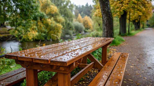 Rain-kissed wooden picnic table under autumn trees along a serene riverside path during a gentle drizzle