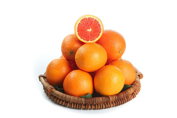 Fresh Gannan Blood Oranges from Jiangxi China in Wicker Basket on White Background