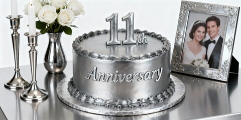 11th wedding anniversary silver cake with candles, roses, and framed couple photo.