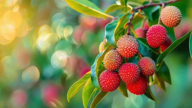 Close-up of ripe red lychee fruit on tree against blurred background