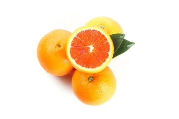 Fresh Blood Oranges Cut in Half Showing Red Flesh on White Background