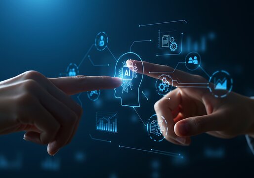 A person's finger touching a futuristic AI brain graphic with a network of data and technology icons