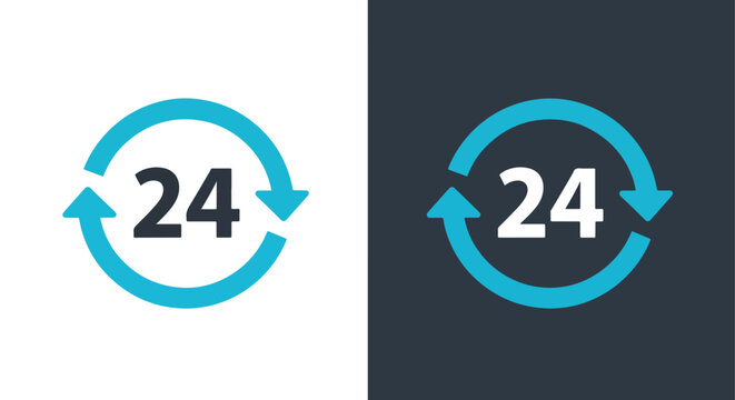 24 hour service icon symbol blue arrows clock sign for continuous operations and availability