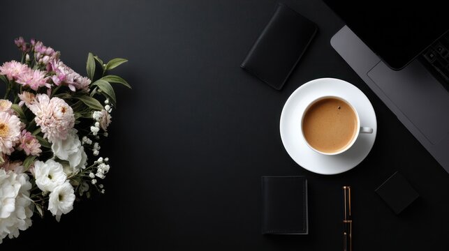 High-angle, dark workspace with a light coffee, flowers, notebook, and laptop