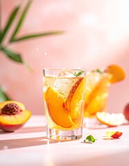 Fototapeta premium Sparkling peach soda with bubbles and fruit garnish, bright advertising vibe