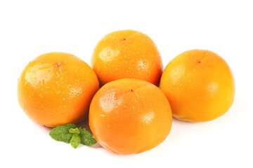 Fresh Orange Persimmons with Mint Leaf on White Background - Autumn Seasonal Fruit
