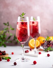 Chilled cranberry spritzer in flute glass with sparkling bubbles