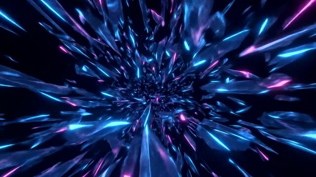Abstract crystal shards tunnel with dynamic blue and pink lighting effects creating a futuristic