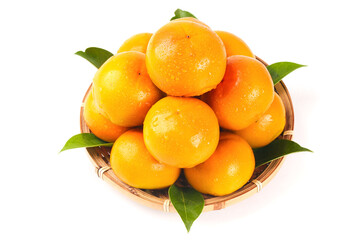 Fresh Orange Persimmons in Wicker Basket on White Background