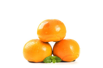 Fresh Orange Persimmons with Mint Leaf on White Background - Autumn Fruit