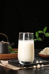 Fresh Corn Milk in Glass with Peeled Kernels - Healthy Breakfast Drink from Corn Germ on Wooden Tray