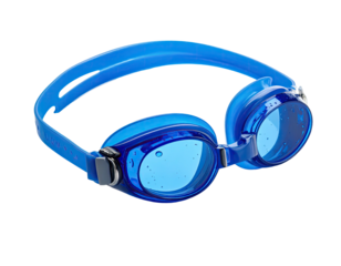 Bright blue swimming goggles, clear lenses,  flexible bands