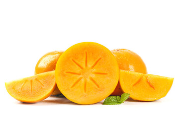 Fresh Northeast Persimmon Fruit Slices with Star Pattern on White Background