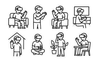 Set of virtual reality icons with people wearing VR headset, sitting, standing, gaming, waving and interacting. Black outline vector illustrations on white background.