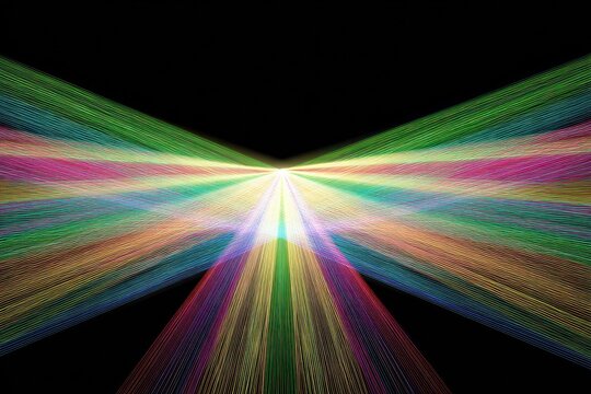 Colorful strands emanating from a central point, creating a vibrant, abstract X-shape against a black background. Evokes energy and dynamic movement
