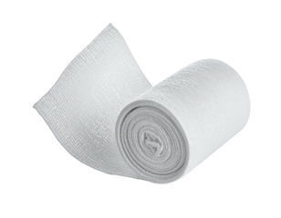 Rolled white bandage, slightly open, against a black background