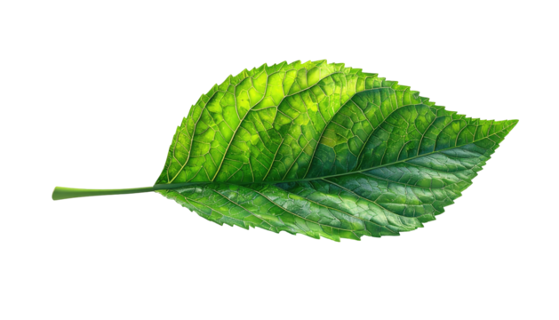 Detailed close-up of a vibrant green leaf, showcasing intricate vein patterns and a slightly pointed tip