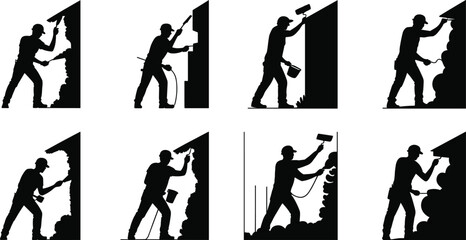 silhouette construction workers painting walls with rollers and brushes symbolizing building, renovation, home improvement, labor effort, teamwork, house maintenance, construction site, repair work
