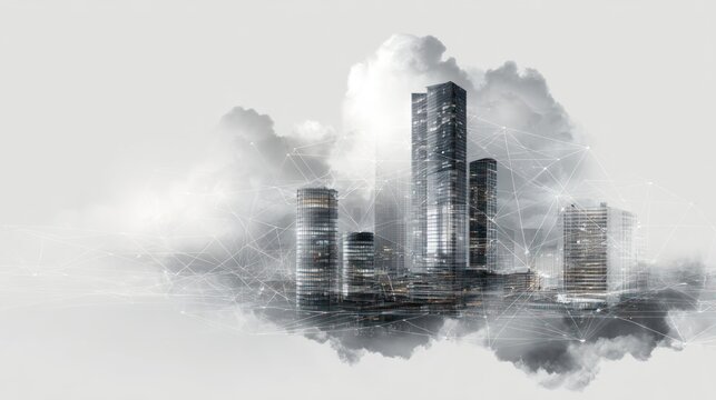 A grayscale skyline of modern buildings emerging from or enveloped by clouds, accented with delicate network-like lines