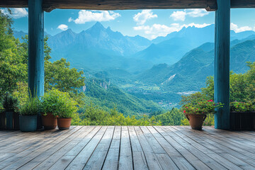 Fototapeta premium Mountains in the background with a wooden deck in the foreground.