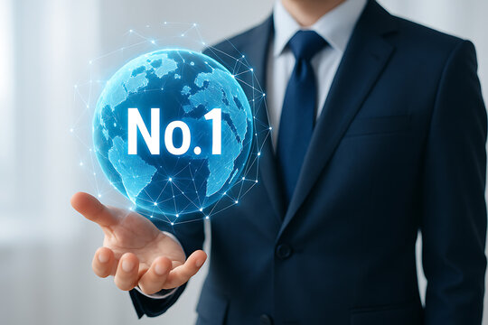 Businessman presenting glowing holographic earth with number one leadership concept