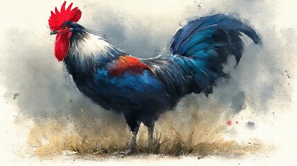 Rooster with red crest white neck and blue body stands in grass.