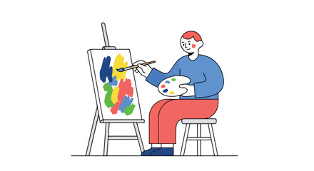Illustration of a seated artist painting on a canvas with various colors with minimalist style art work for advertising and more