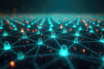 A network of glowing padlocks connected by lines against a dark background with orange highlights