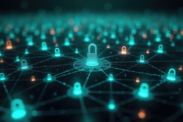 Network of glowing padlocks connected by lines representing security and data protection concept art