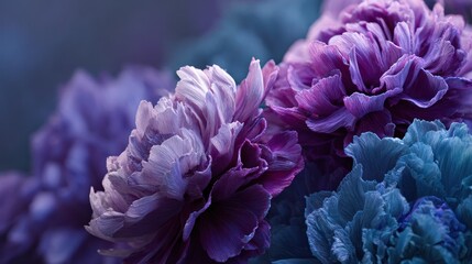 Soft, dreamy close-up of elegant purple and blue flowers with detailed petals