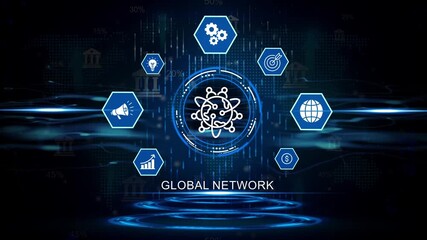 Global network technology abstract concept with interconnected icons representing finance innovation communication and data analysis on a digital world map background with futuristic glowing - Powered by Adobe