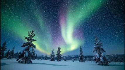 Aurora borealis night sky landscape with snow covered pine trees winter wonderland scene Northern Lights display magical night stars background