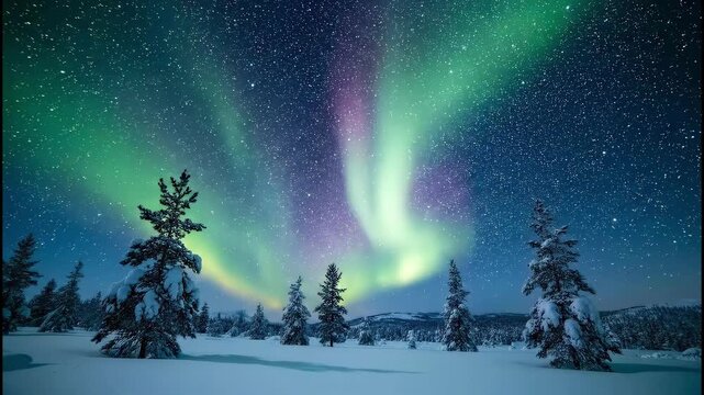 Aurora borealis night sky landscape with snow covered pine trees winter wonderland scene Northern Lights display magical night stars background