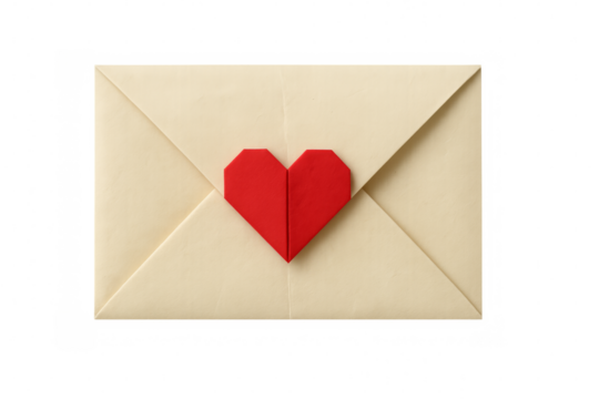 Love letter envelope with red origami heart