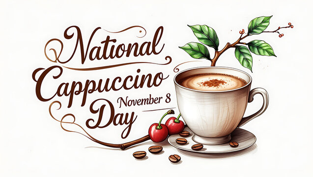 National Cappuccino Day (script): elegant, decorative script saying “National Cappuccino Day” accompanied by a steaming cup and coffee beans; subtitle “November 8”, HD and 4k image