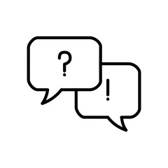 Fototapeta premium Minimal line icon of two chat bubbles with question and exclamation marks, symbolizing communication, discussion, feedback, customer support, and online interaction. Ideal for apps, websites, forums, 