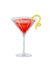 Pink cocktail watercolor illustration. Hand drawn image of cosmopolitan alcoholic drink in a martini glass on an isolated background. For the bar and menu.	