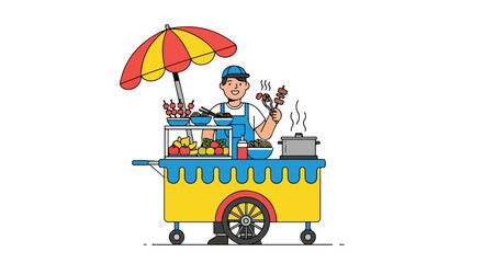 Animated street food vendor cheerfully preparing skewers at a colorful cart illustration showcasing local cuisine and entrepreneurship for street