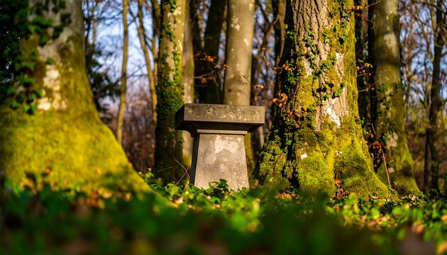 Stone monument in a sunlit forest