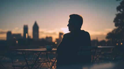 Fototapeta premium A silhouette of a man sitting outdoors, reflecting on life against a beautiful sunset skyline.