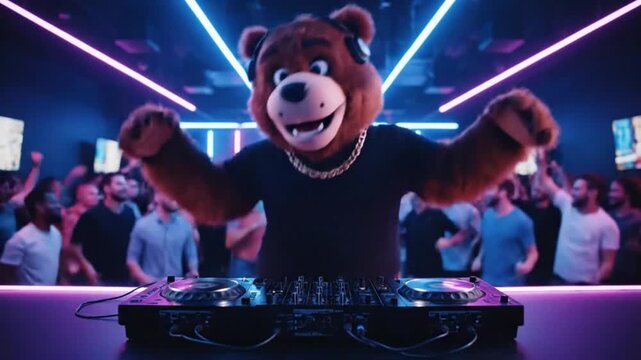dancing bear dj mixing music at a vibrant nightclub party